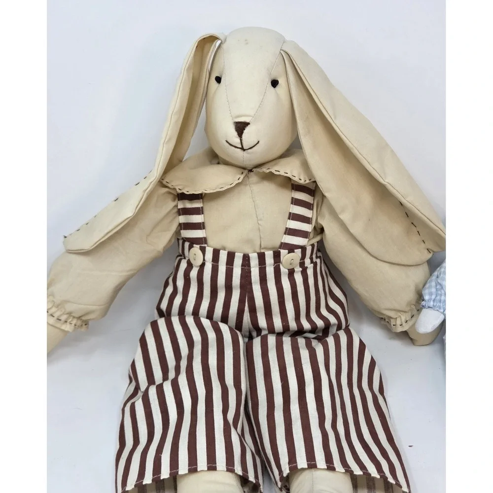Country Farmhouse Fabric Bunny Rabbit Doll Pair Retro Striped Gingham Décor